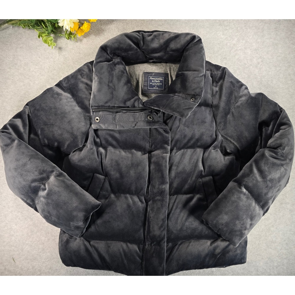 Abercrombie & Fitch Puffer Jacket Womens S Gray Velvet Quilted Full Zip Coat